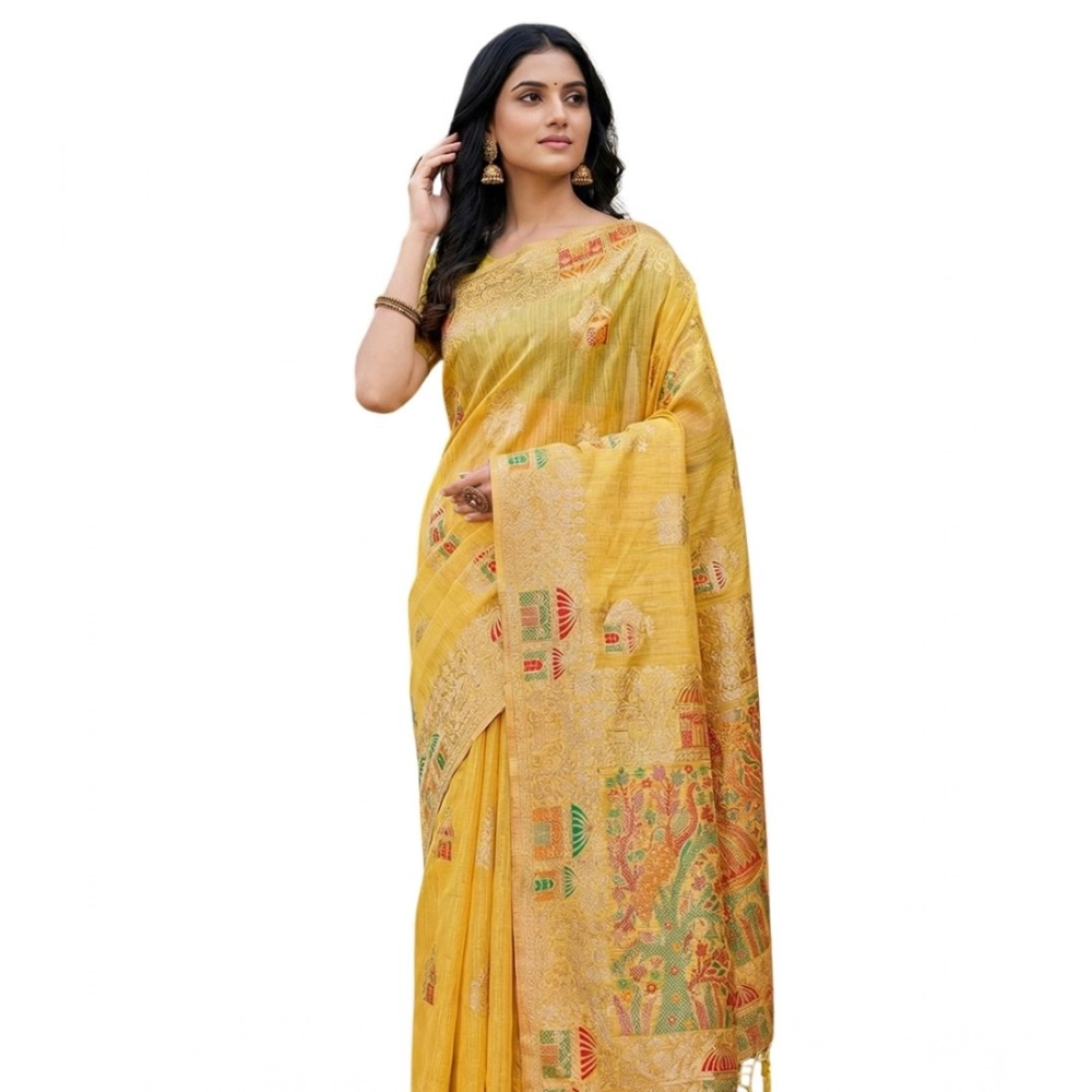 Women's Linen Cotton Printed Saree With Unstitched Blouse 5.5Mtr (Yellow)
