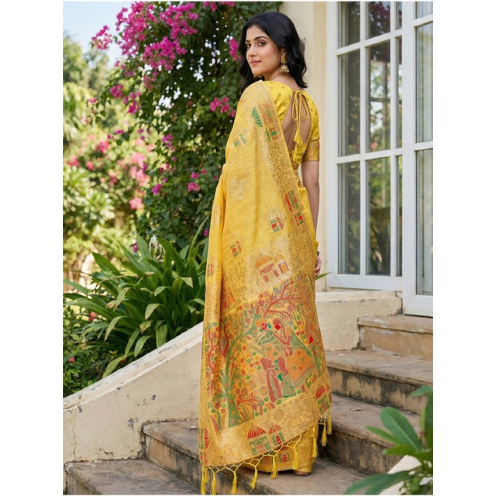 Women's Linen Cotton Printed Saree With Unstitched Blouse 5.5Mtr (Yellow) - Image 3