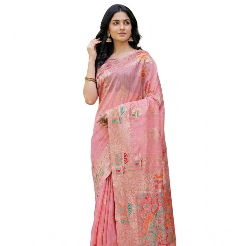 Women's Linen Cotton Printed Saree With Unstitched Blouse 5.5Mtr (Pink)
