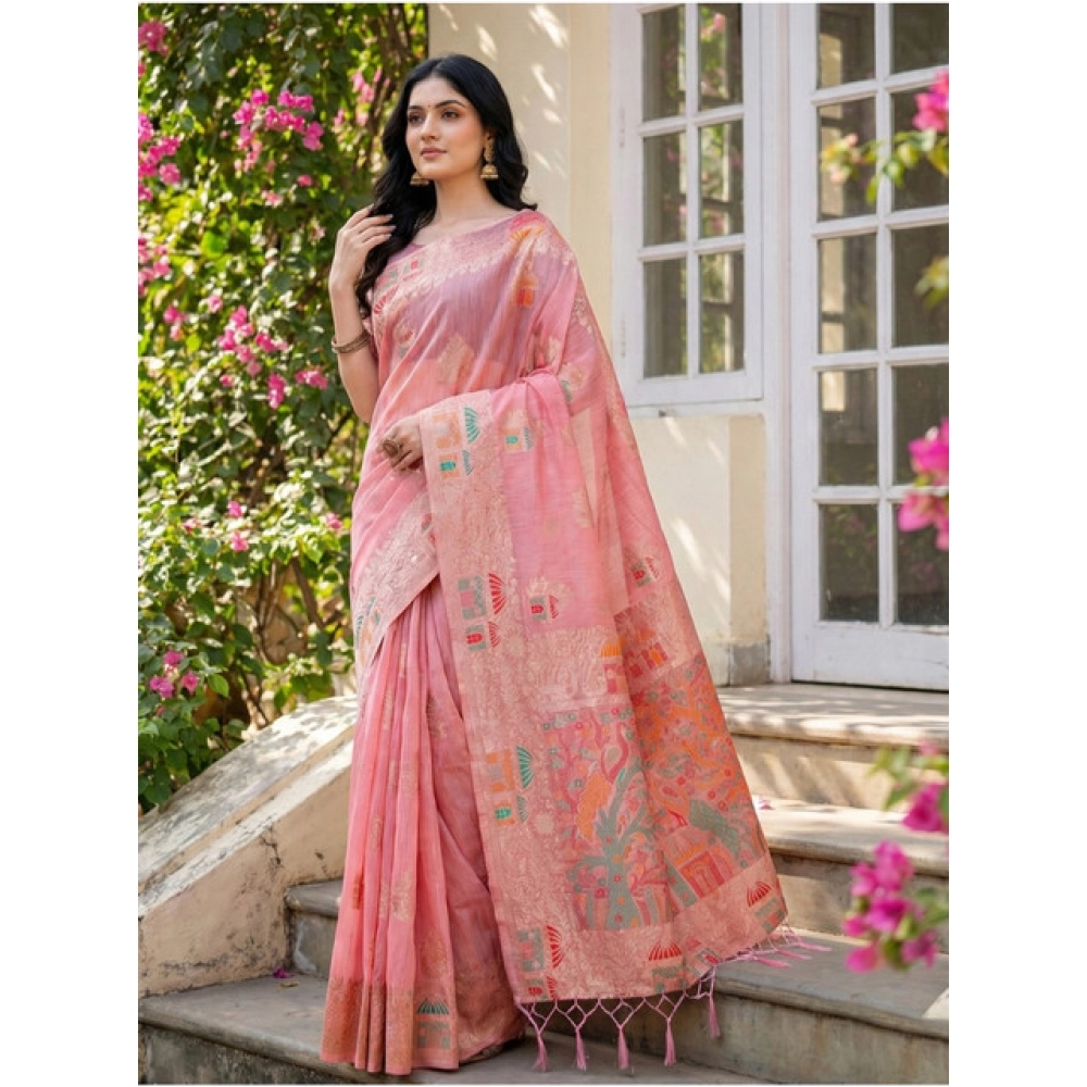 Women's Linen Cotton Printed Saree With Unstitched Blouse 5.5Mtr (Pink) - Image 3