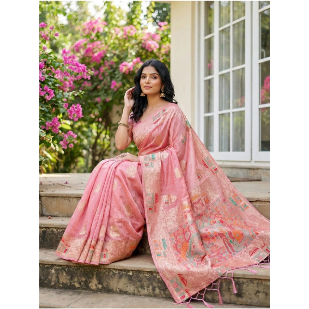 Women's Linen Cotton Printed Saree With Unstitched Blouse 5.5Mtr (Pink) - Image 2