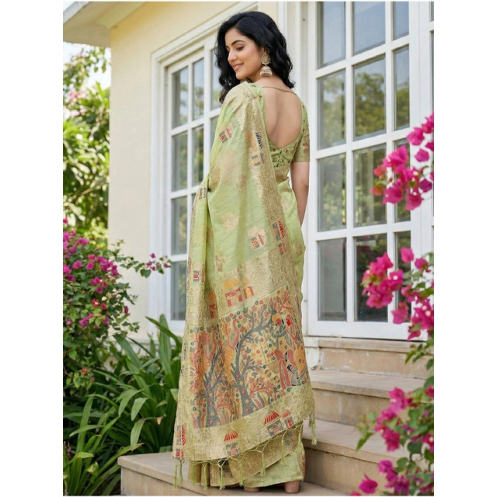 Women's Linen Cotton Printed Saree With Unstitched Blouse 5.5Mtr (Light Green) - Image 3
