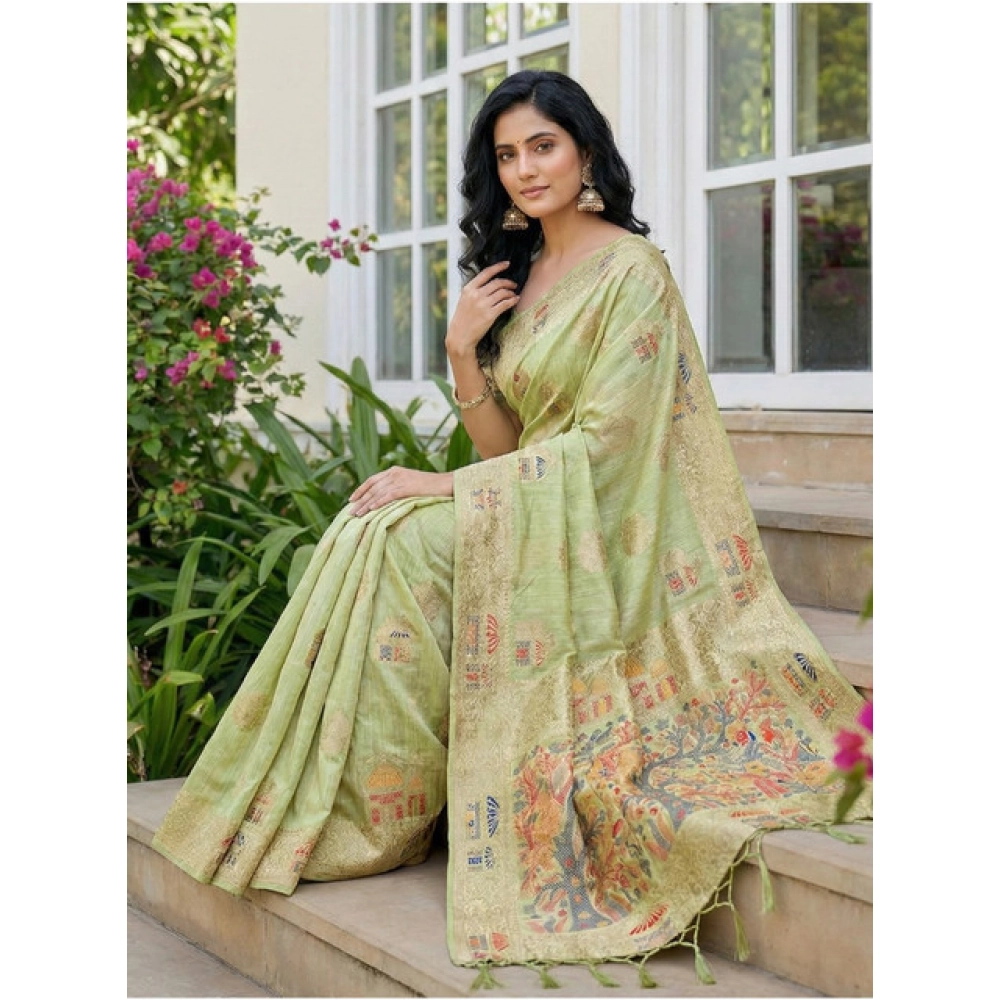 Women's Linen Cotton Printed Saree With Unstitched Blouse 5.5Mtr (Light Green) - Image 2