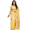 Women's Linen Cotton Printed Saree With Unstitched Blouse 5.5Mtr (Yellow)