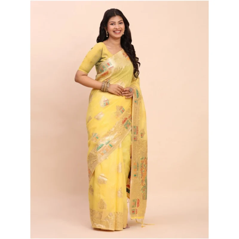 Alternative view of Women's Linen Cotton Printed Saree With Unstitched Blouse 5.5Mtr (Yellow)