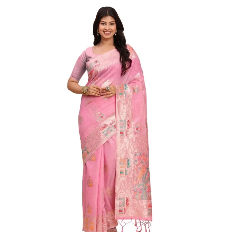 Women's Linen Cotton Printed Saree With Unstitched Blouse 5.5Mtr (Pink)