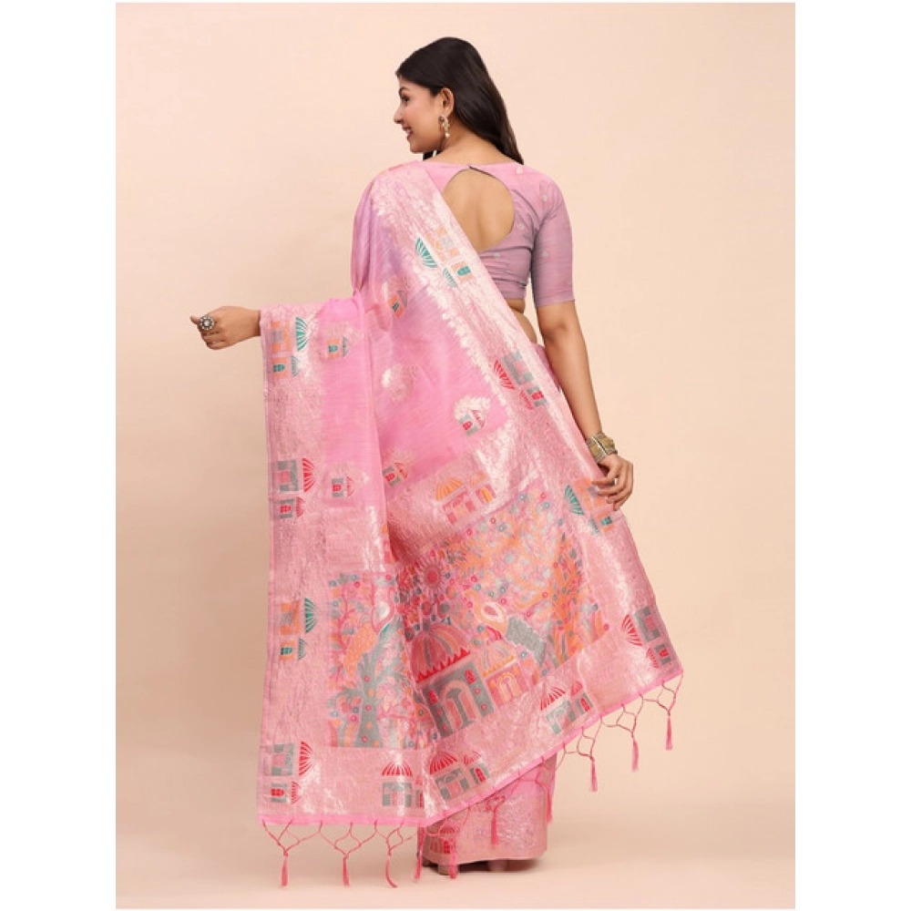 Women's Linen Cotton Printed Saree With Unstitched Blouse 5.5Mtr (Pink) - Image 4