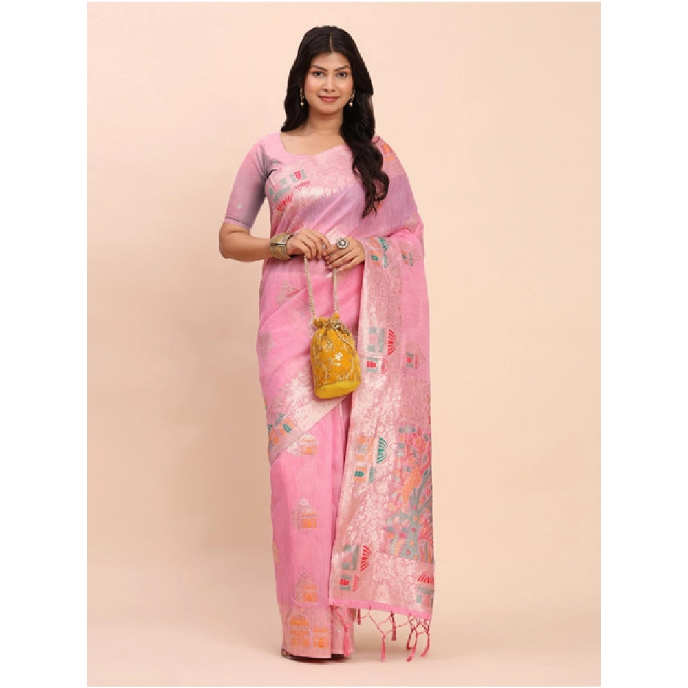 Women's Linen Cotton Printed Saree With Unstitched Blouse 5.5Mtr (Pink) - Image 3