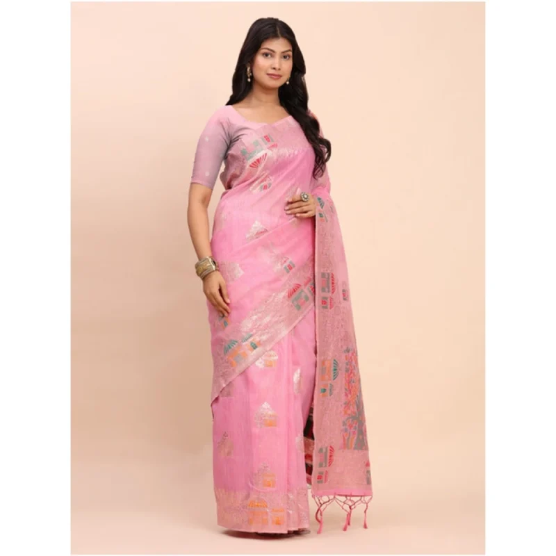Alternative view of Women's Linen Cotton Printed Saree With Unstitched Blouse 5.5Mtr (Pink)