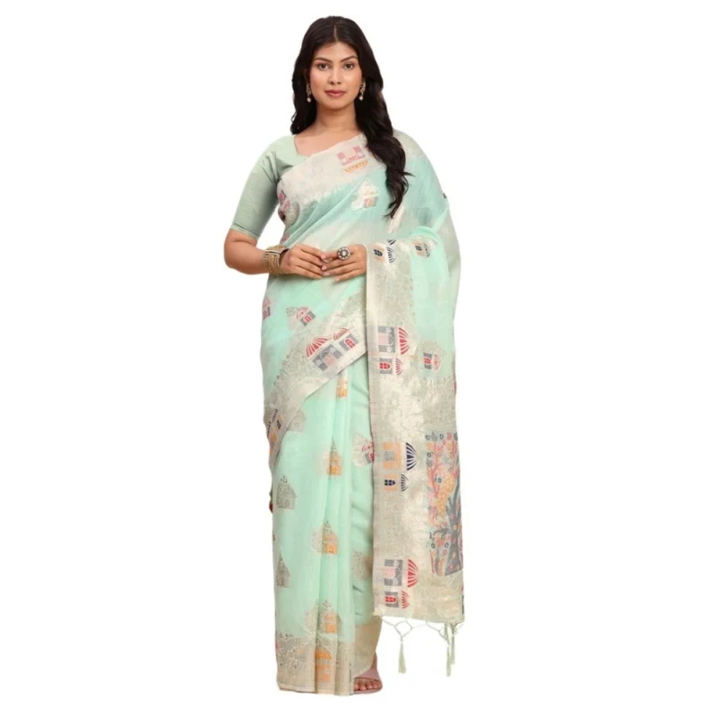 Women's Linen Cotton Printed Saree With Unstitched Blouse 5.5Mtr (Sea Green)