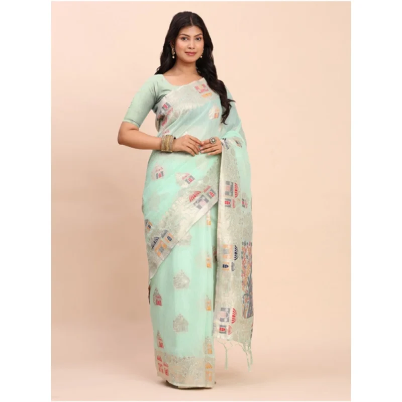 Alternative view of Women's Linen Cotton Printed Saree With Unstitched Blouse 5.5Mtr (Sea Green)