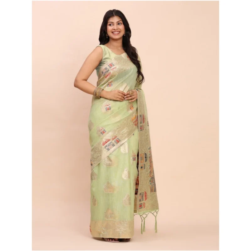 Alternative view of Women's Linen Cotton Printed Saree With Unstitched Blouse 5.5Mtr (Light Green)