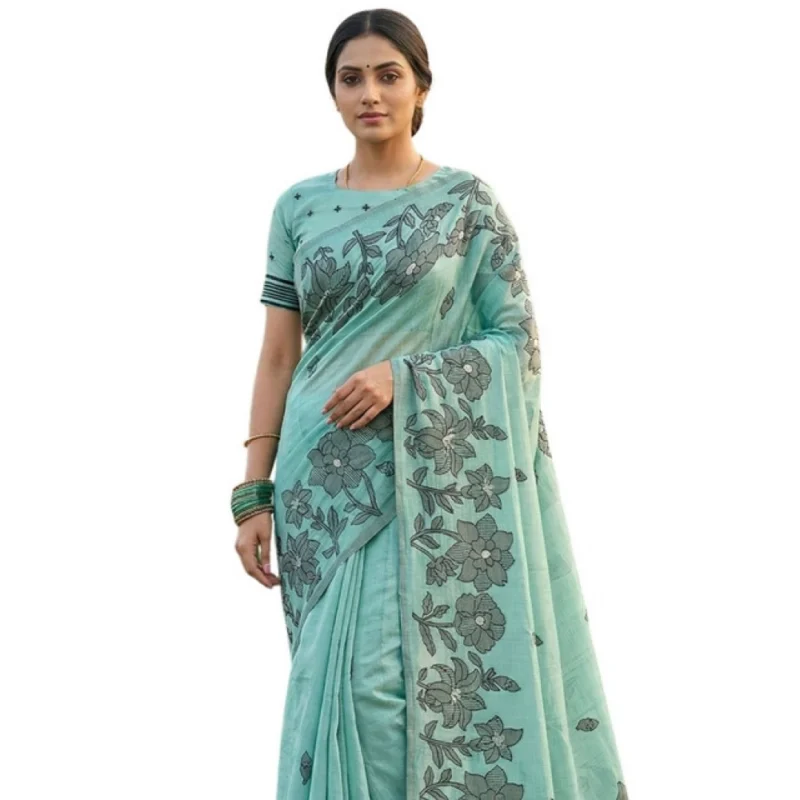 Women's Linen Cotton Printed Saree With Unstitched Blouse 5.5Mtr (Sea Green)