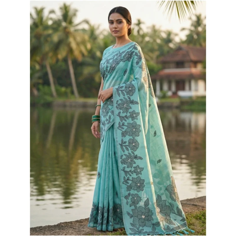 Alternative view of Women's Linen Cotton Printed Saree With Unstitched Blouse 5.5Mtr (Sea Green)