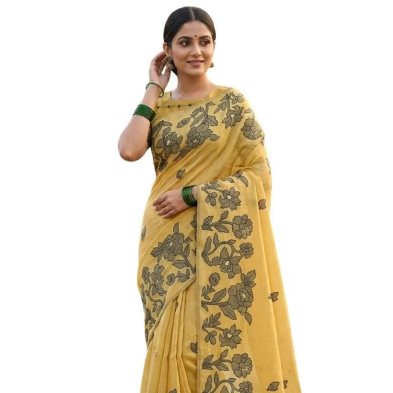 Women's Linen Cotton Printed Saree With Unstitched Blouse 5.5Mtr (Yellow)