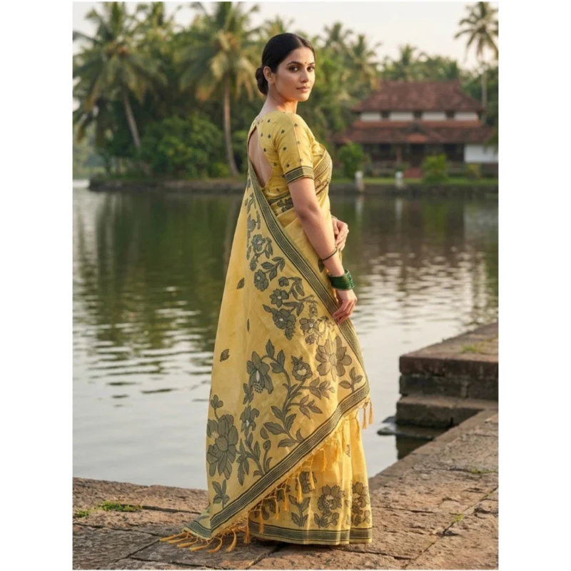 Alternative view of Women's Linen Cotton Printed Saree With Unstitched Blouse 5.5Mtr (Yellow)