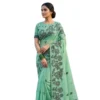 Women's Linen Cotton Printed Saree With Unstitched Blouse 5.5Mtr (Rama Green)