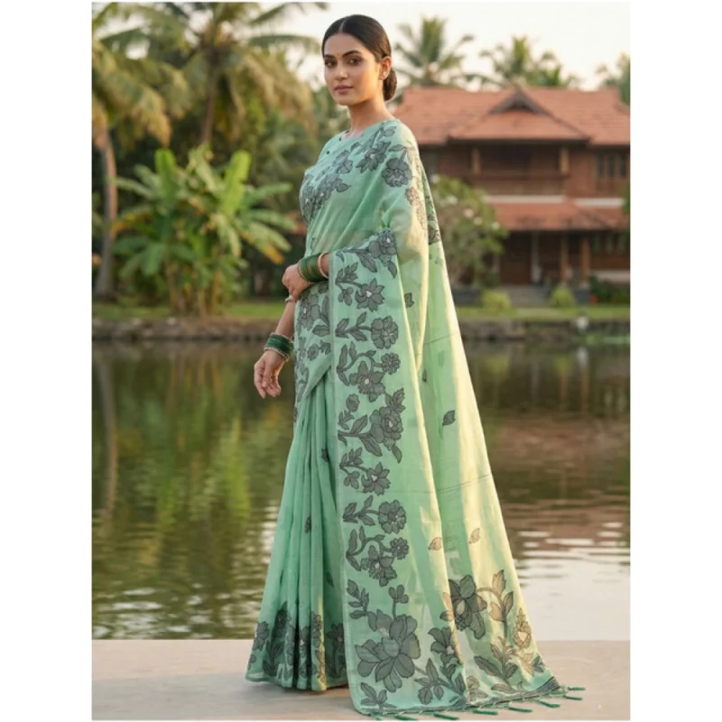 Alternative view of Women's Linen Cotton Printed Saree With Unstitched Blouse 5.5Mtr (Rama Green)