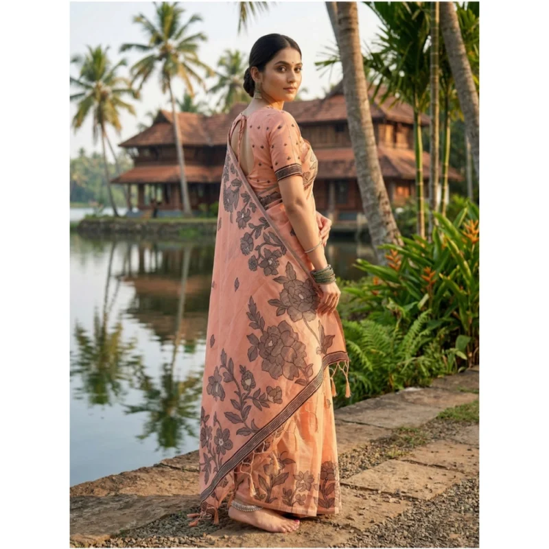 Alternative view of Women's Linen Cotton Printed Saree With Unstitched Blouse 5.5Mtr (Orange)