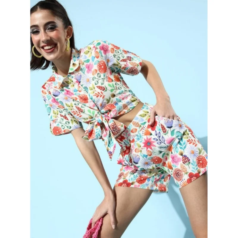 Alternative view of Women's Polyester Floral Short Sleeve Co-Ord Set (Multicolor)