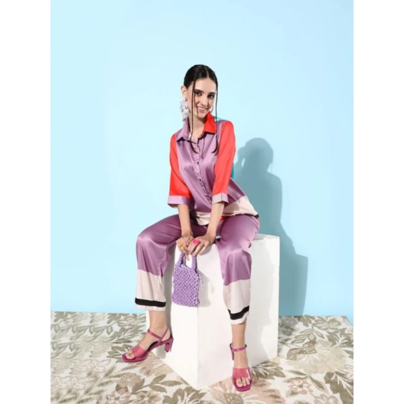 Alternative view of Women's Satin Colour Block Long Sleeves Co-Ord Set (Multicolor)