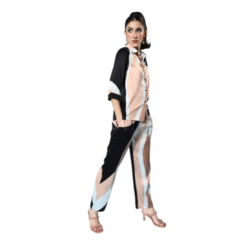 Women's Satin Colour Block Long Sleeves Co-Ord Set (Beige - Black)