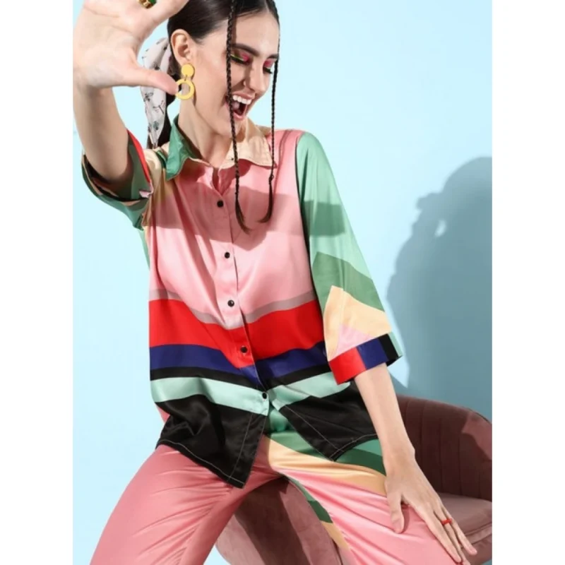 Alternative view of Women's Satin Colour Block Long Sleeves Co-Ord Set (Multicolor)