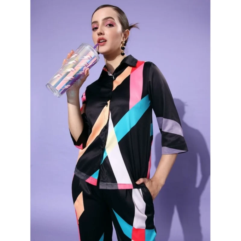 Alternative view of Women's Satin Colour Block Long Sleeves Co-Ord Set (Multicolor)