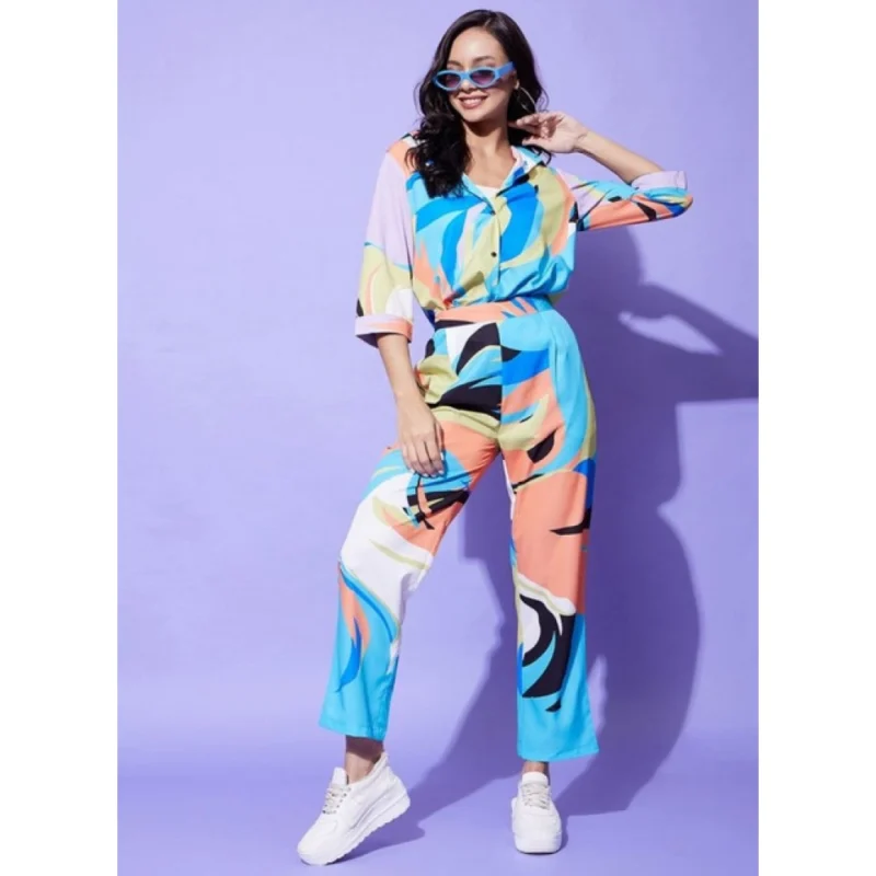 Alternative view of Women's Polyester Colour Blocking 3-4th Sleeve Co-Ord Set (Multicolor)