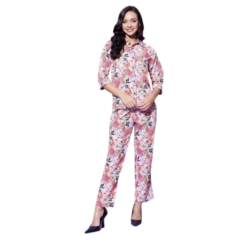 Women's Polyester Floral 3-4th Sleeve Co-Ord Set (Multicolor)