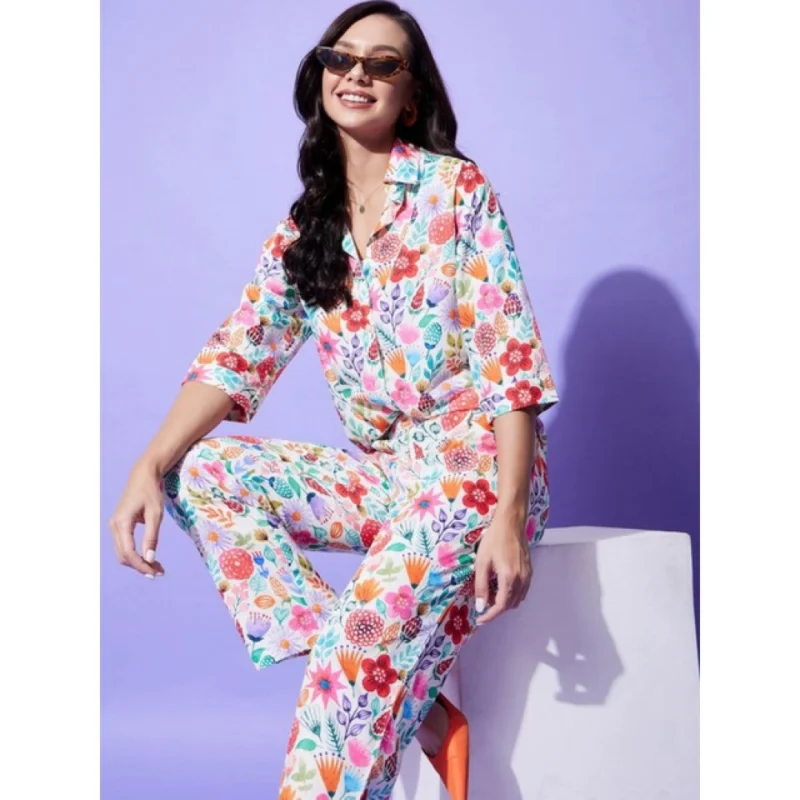 Alternative view of Women's Polyester Floral 3-4th Sleeve Co-Ord Set (Multicolor)