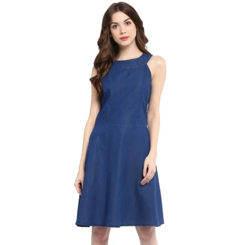 Women's Denim Solid Sleeveless Dress (Blue)