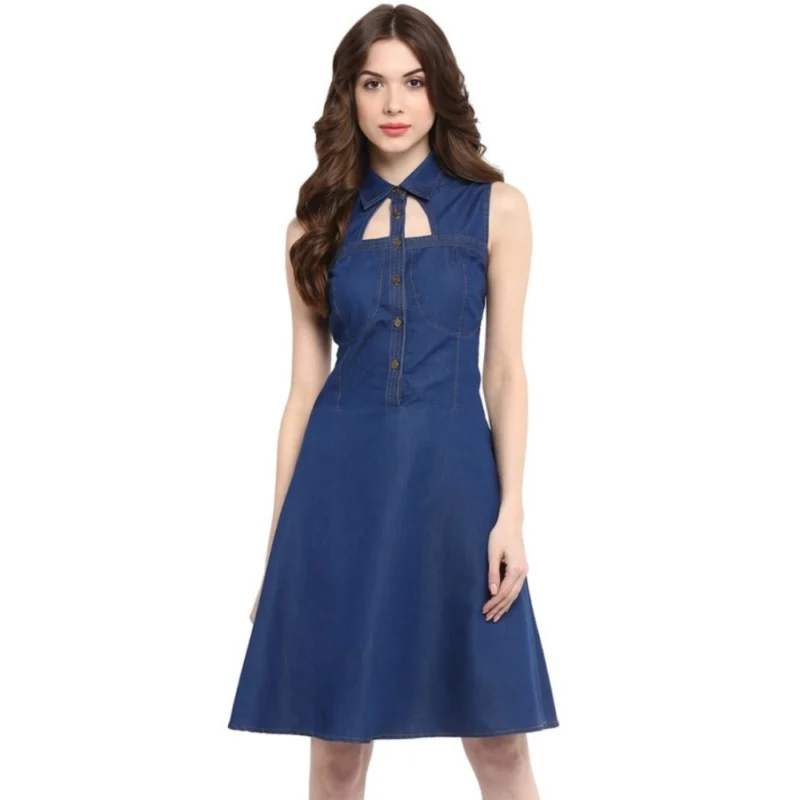 Women's Denim Solid Sleeveless Dress (Navy Blue)
