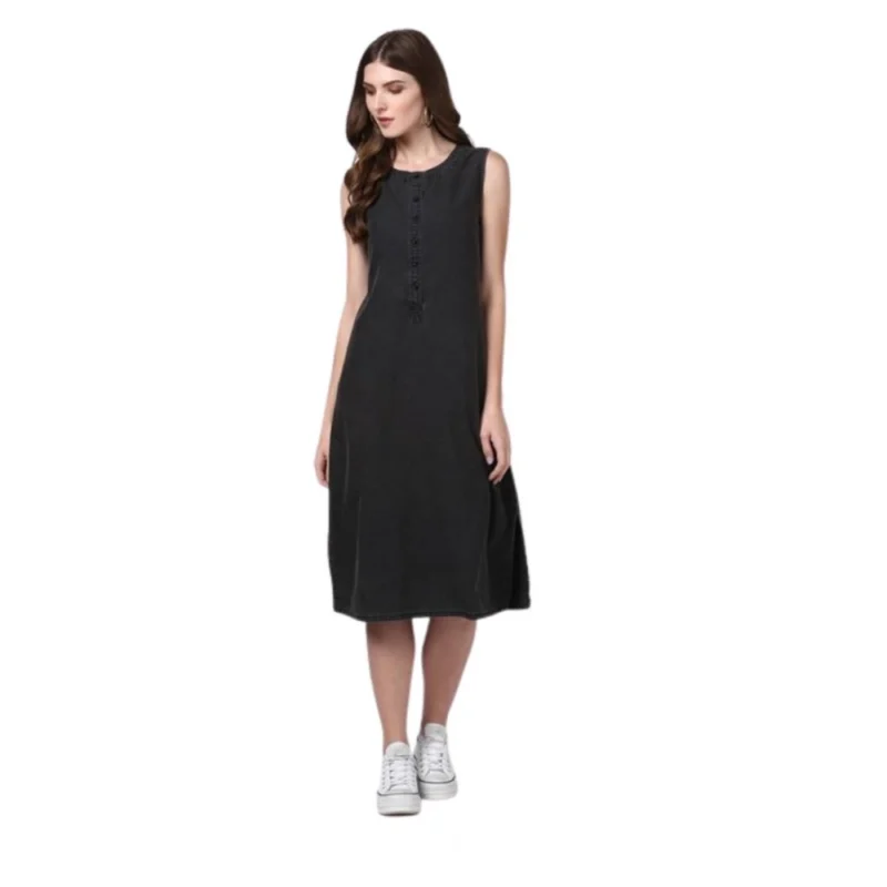 Women's Denim Solid Sleeveless Dress (Black)