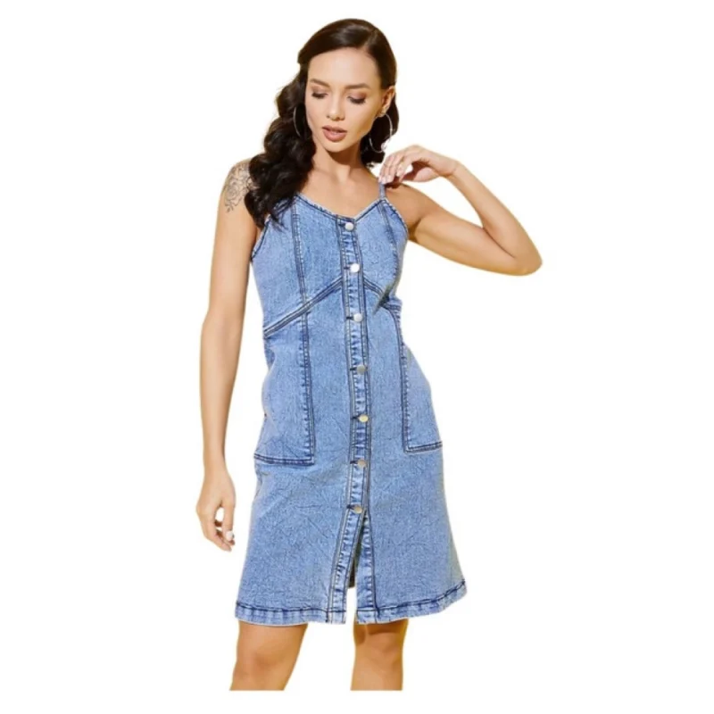 Women's Denim Solid Sleeveless Dress (Blue)
