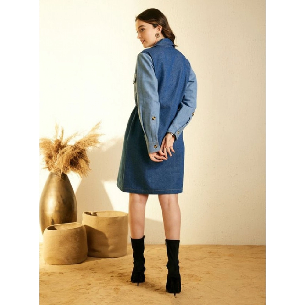 Women's Denim Color Blocking Roll Up Dress (Blue) - Image 3