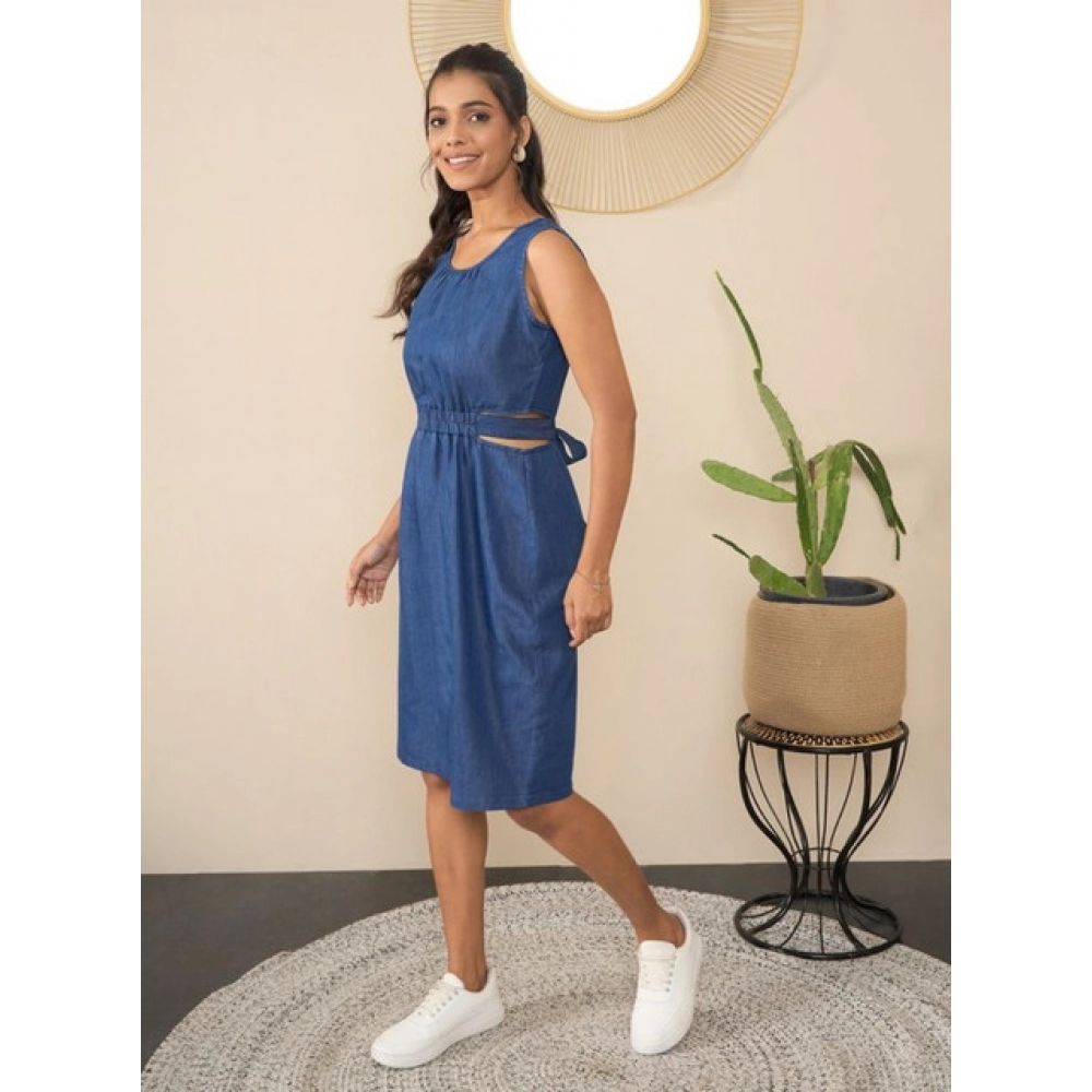 Women's Denim Solid Sleeveless Dress (Blue) - Image 5