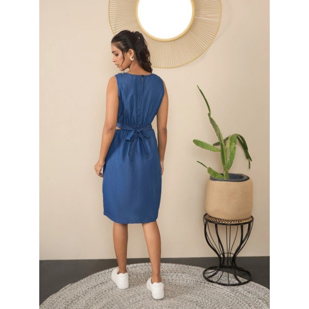 Women's Denim Solid Sleeveless Dress (Blue) - Image 4