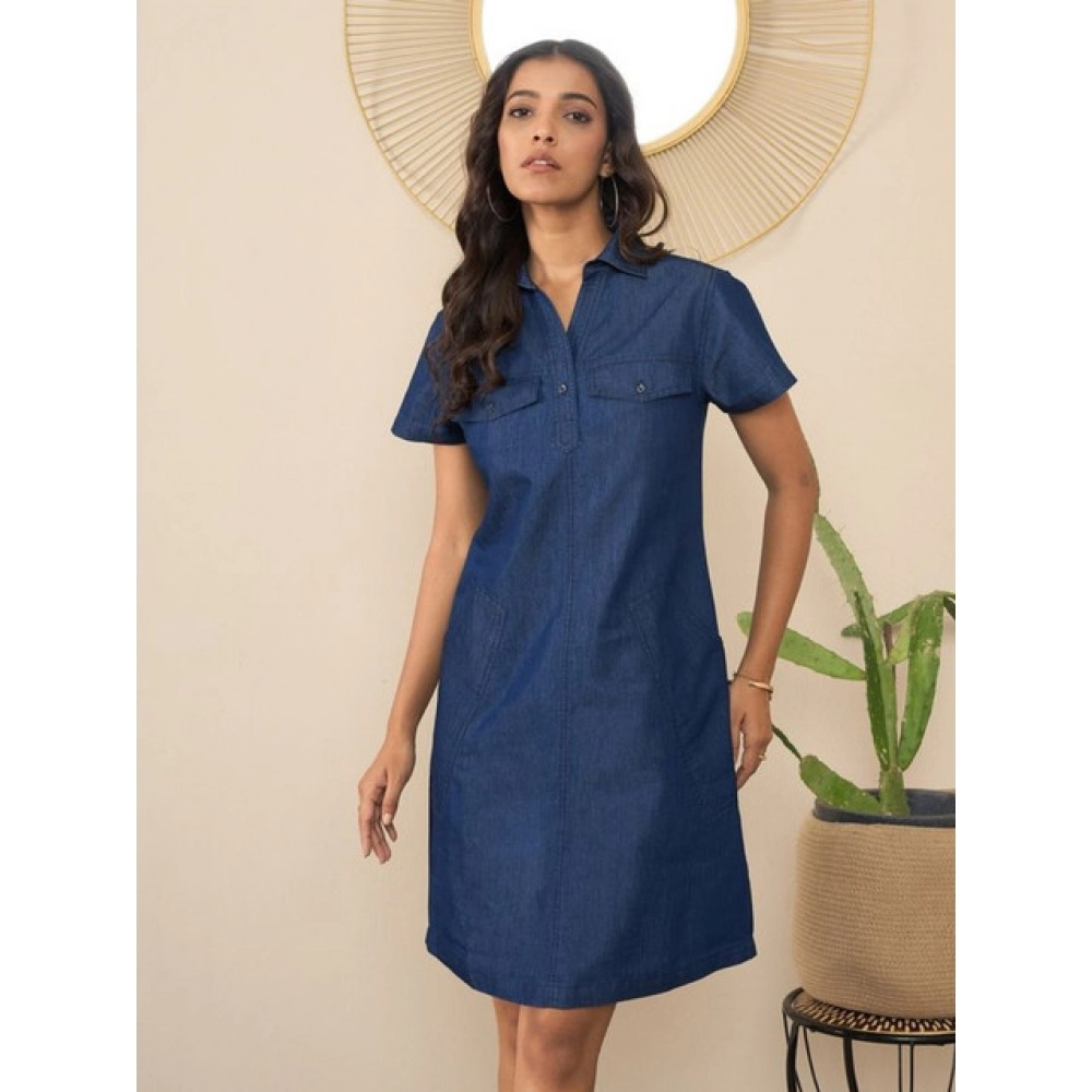 Women's Denim Solid Sleeveless Dress (Blue) - Image 5