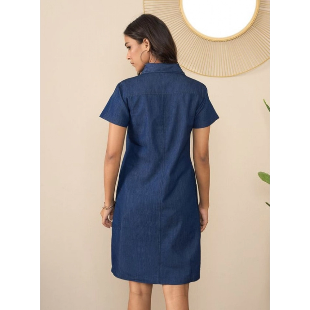 Women's Denim Solid Sleeveless Dress (Blue) - Image 4