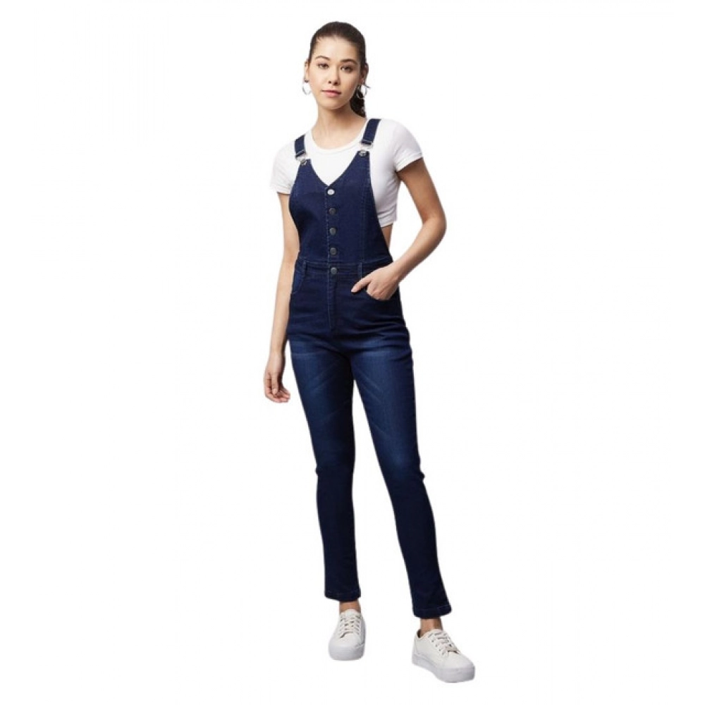 Women's Denim Lycra Solid Buttoned Dungaree (Navy)