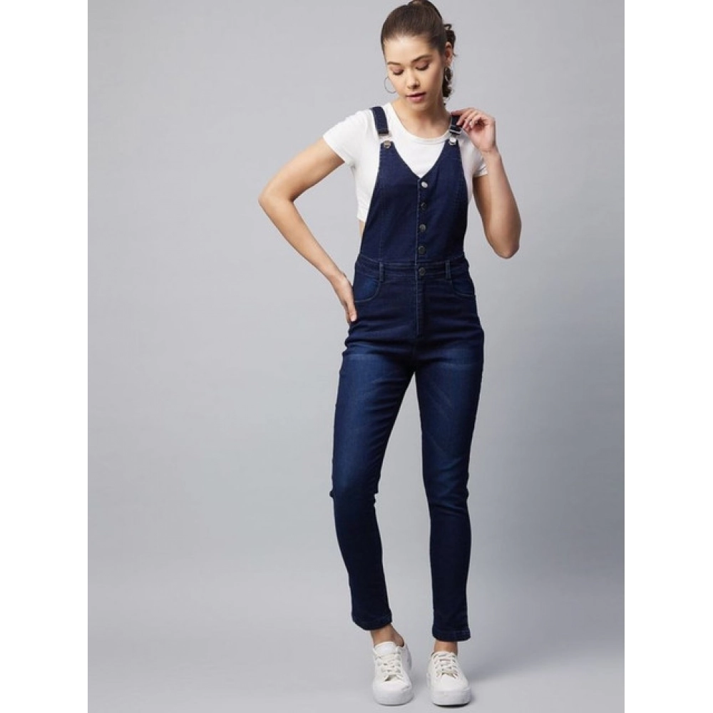 Women's Denim Lycra Solid Buttoned Dungaree (Navy) - Image 5