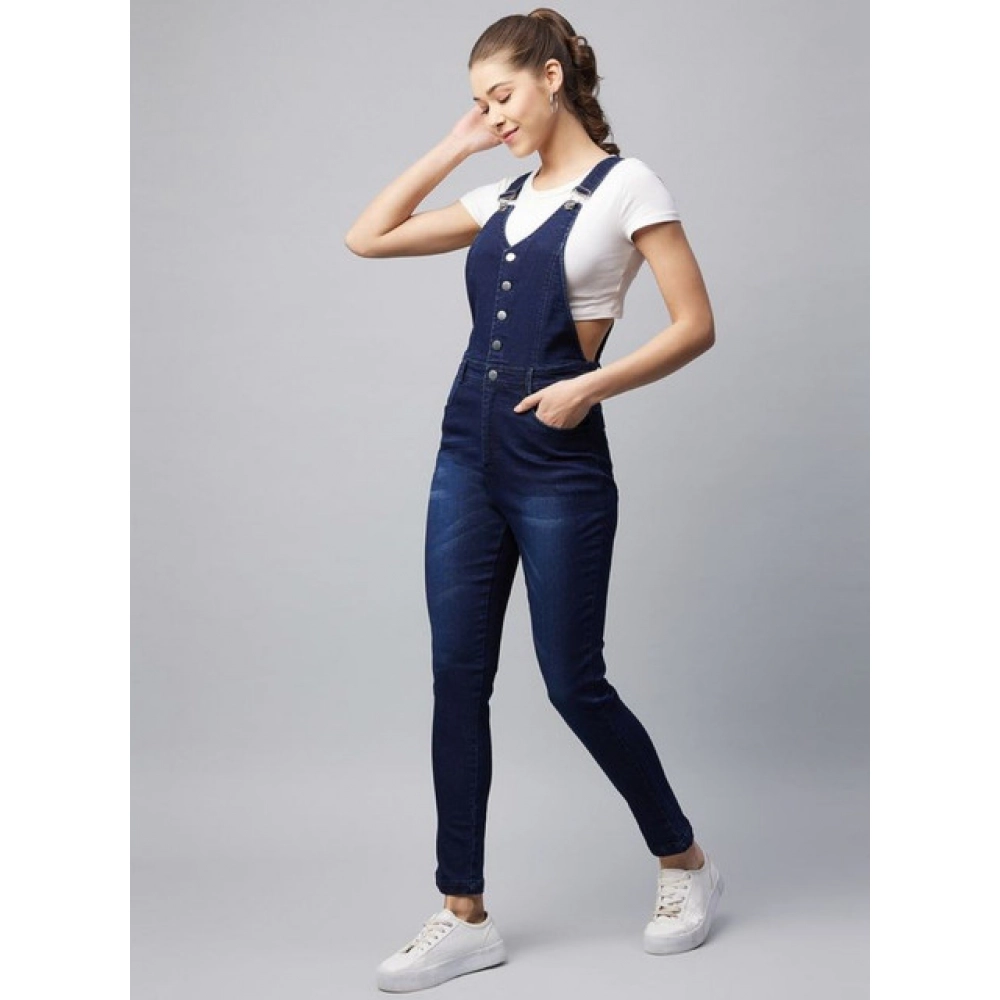 Women's Denim Lycra Solid Buttoned Dungaree (Navy) - Image 4