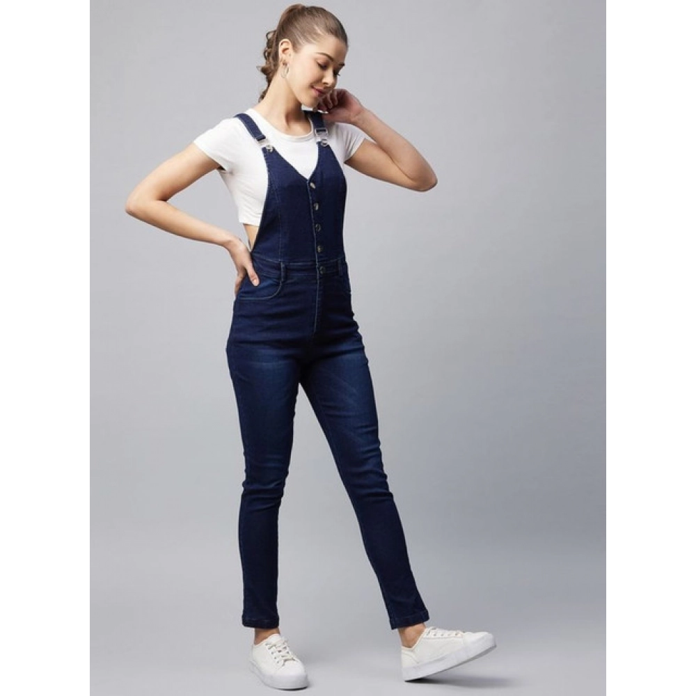 Women's Denim Lycra Solid Buttoned Dungaree (Navy) - Image 3