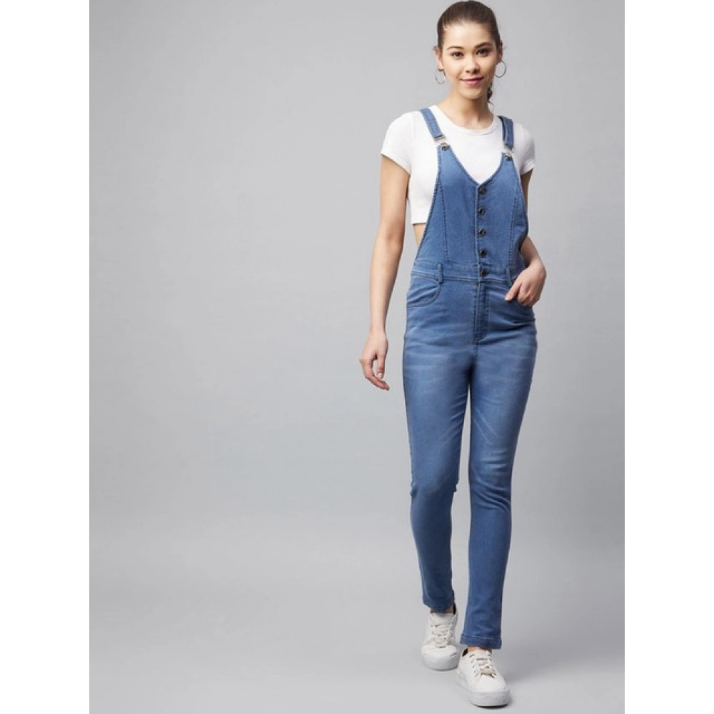 Women's Denim Lycra Solid Buttoned Dungaree (Ice Blue) - Image 5