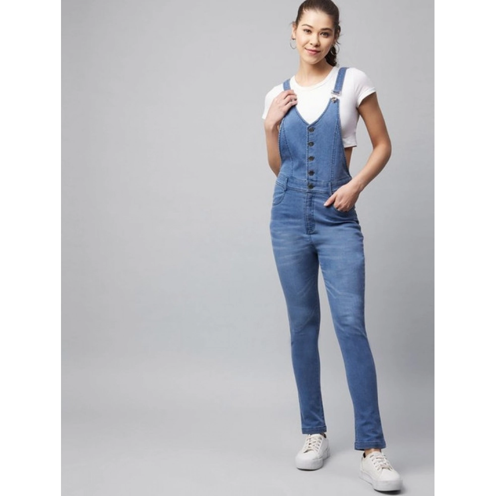 Women's Denim Lycra Solid Buttoned Dungaree (Ice Blue) - Image 4