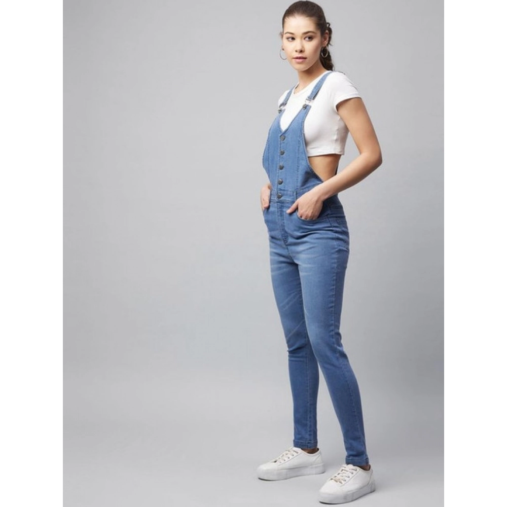 Women's Denim Lycra Solid Buttoned Dungaree (Ice Blue) - Image 3