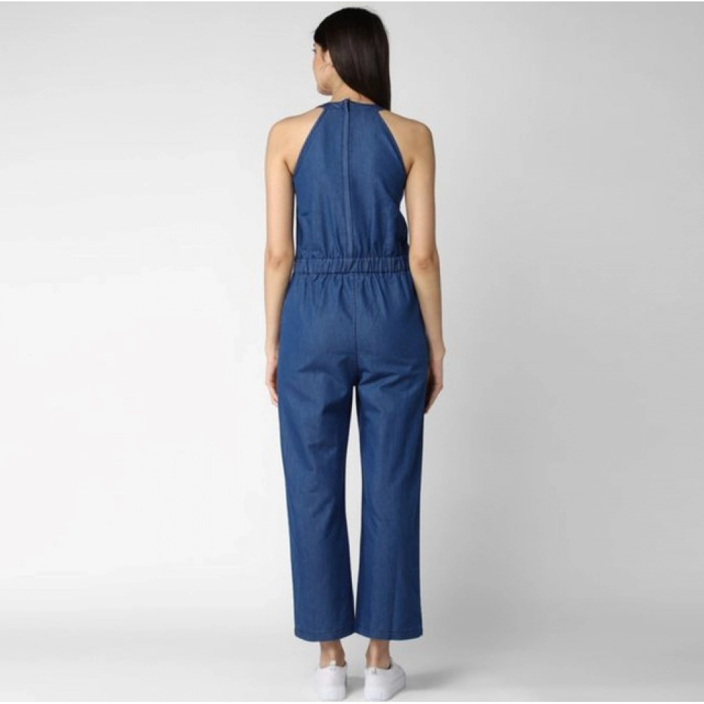 Women's Denim Solid Sleeveless Jumpsuit (Blue) - Image 5