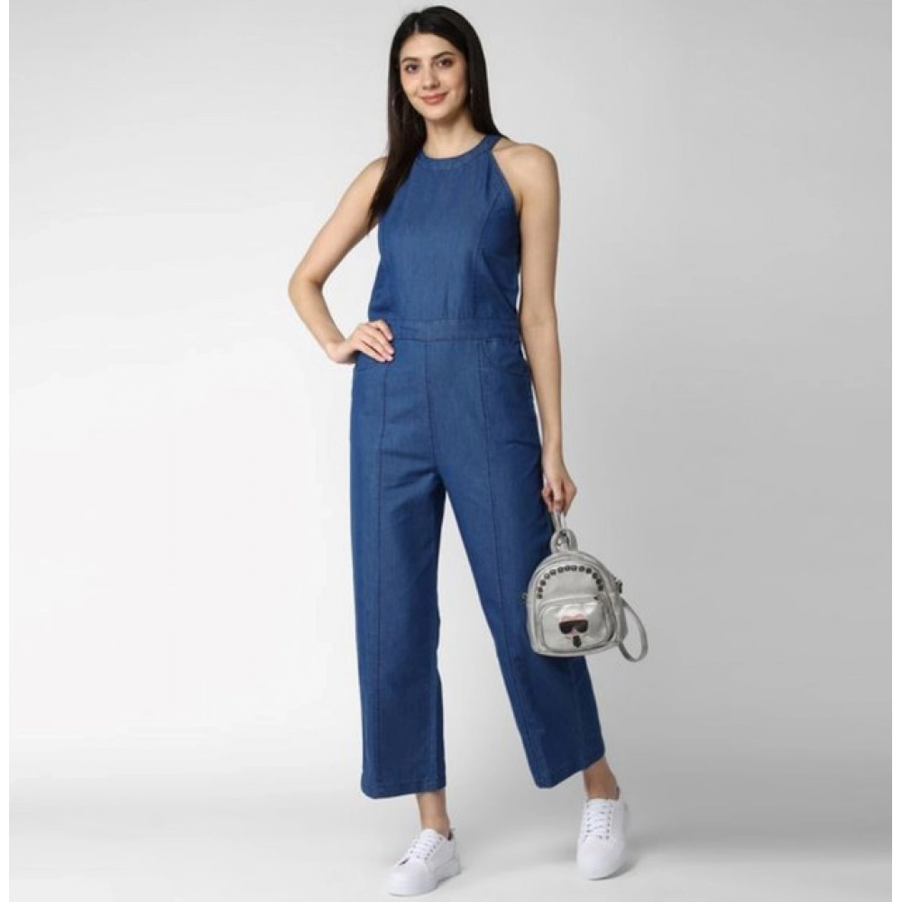 Women's Denim Solid Sleeveless Jumpsuit (Blue) - Image 4