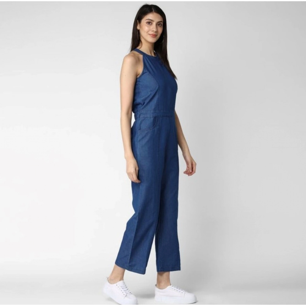 Women's Denim Solid Sleeveless Jumpsuit (Blue) - Image 3